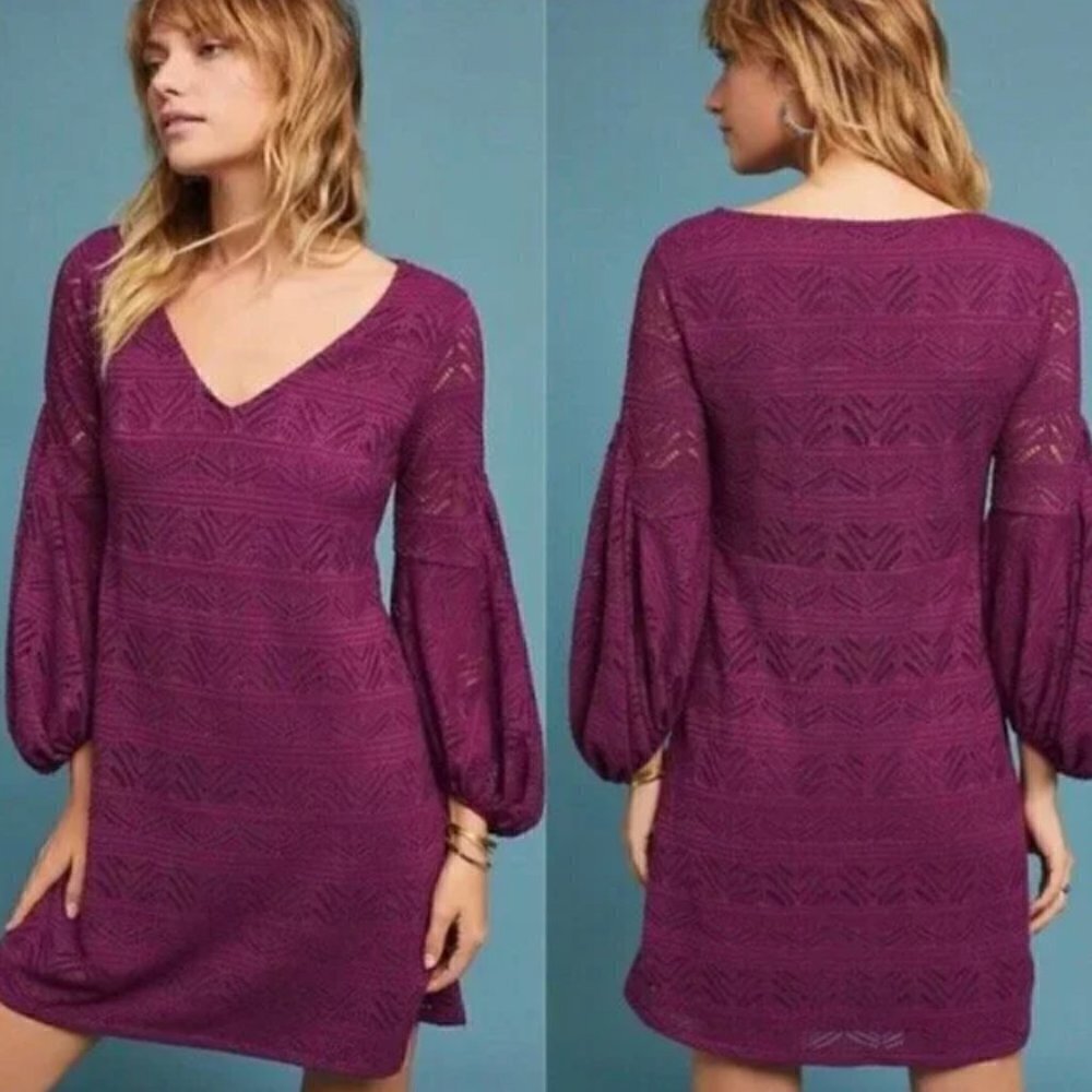 Anthropologie Maeve Laila Purple Balloon Sleeve Shift Mini Dress S
